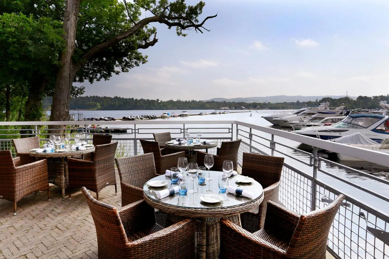Terrace dining above the marina